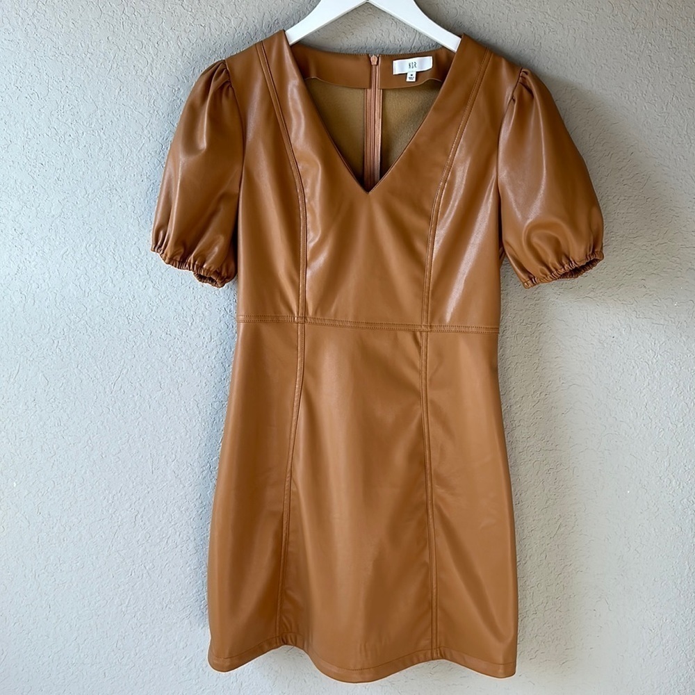 NSR Faux Leather Puff Sleeve Mini Dress in Cognac